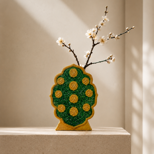 Bao Xiang Liuli ceramic bud vase in emerald green and imperial gold with white blossoms on a marble table in a luxury interior